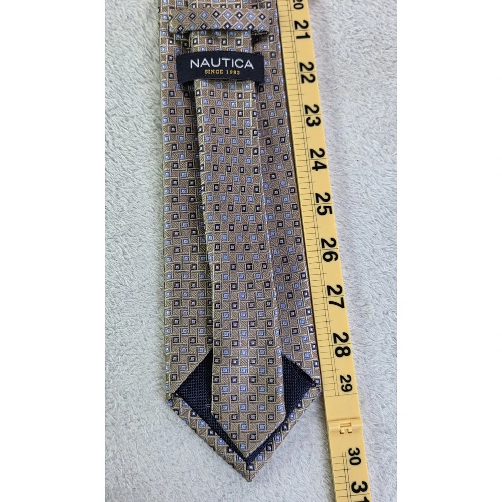 Nautica Silk Tie Tan Blue Geometric Square Pattern Classic Business Mens Necktie
